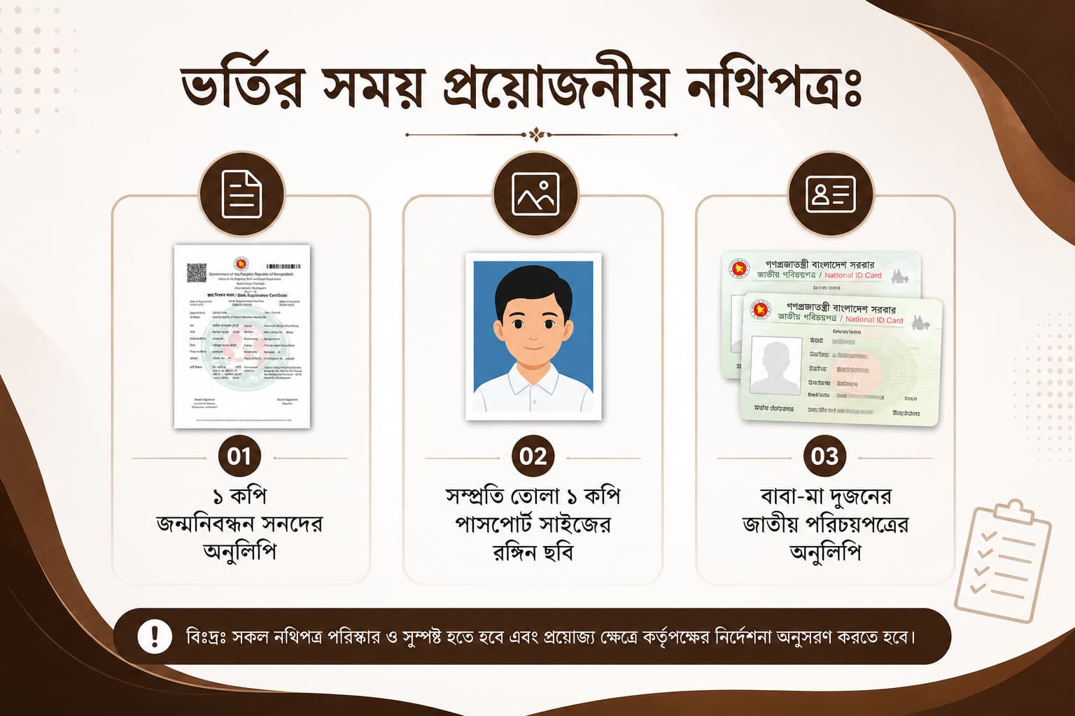 ভর্তির সময় প্রয়োজনীয় নথিপত্র — জন্মনিবন্ধন সনদ, পাসপোর্ট সাইজ ছবি, জাতীয় পরিচয়পত্র